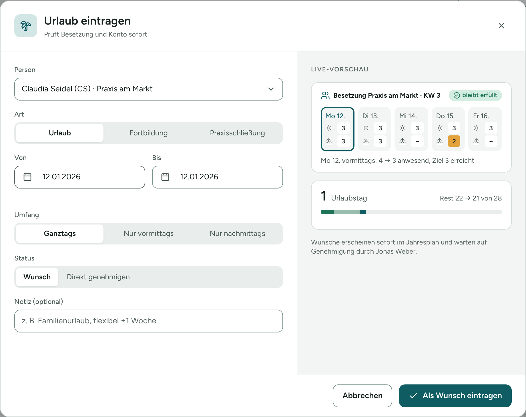 Dialog Urlaub eintragen mit Live-Vorschau der Besetzung